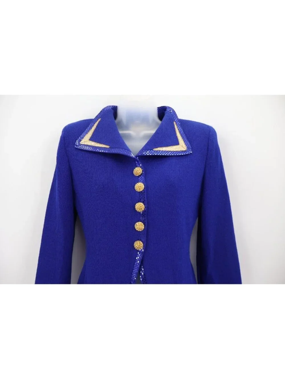 St. John Evening Blazer Size 2 Royal Blue Santana Knit Gold Sequin Trim Button - Picture 3 of 15